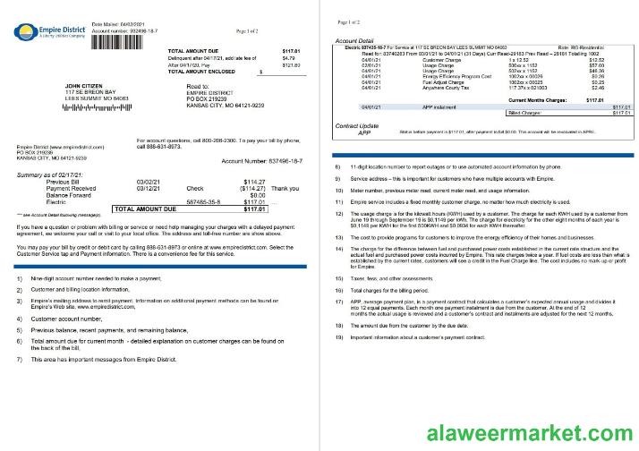 USA Empire District Electric Company utility bill template in Word and PDF format (2 pages)